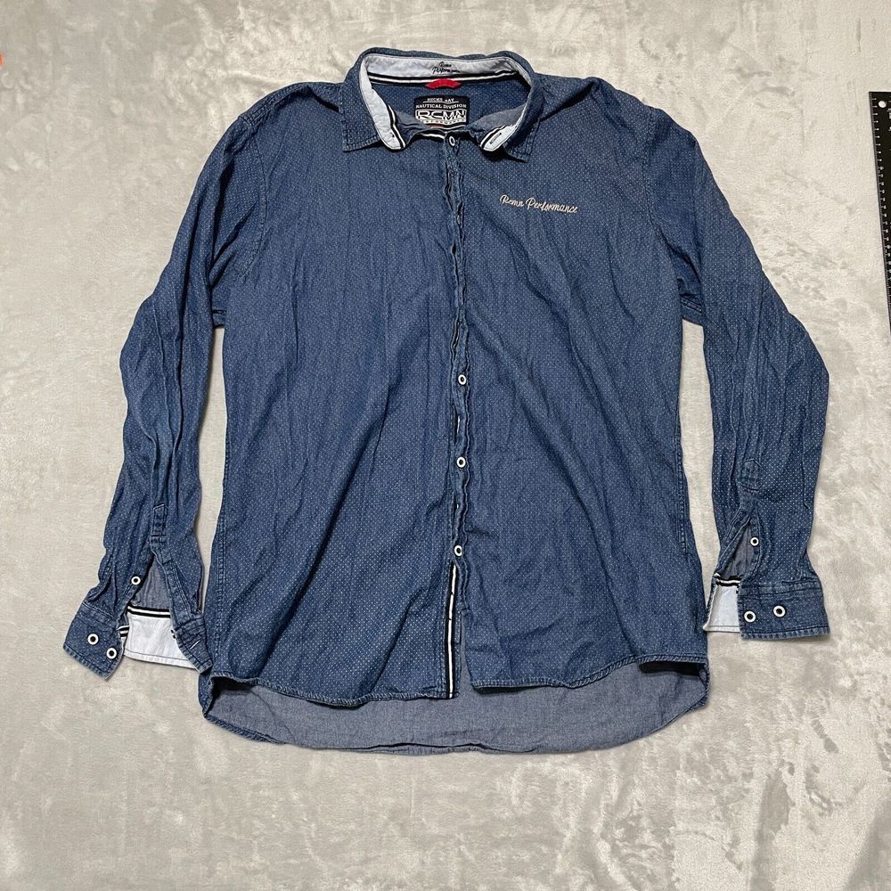 RCMN Performance Shirt Mens XXL Blue Geometric Chambray Hicks Bay Nautical Logo